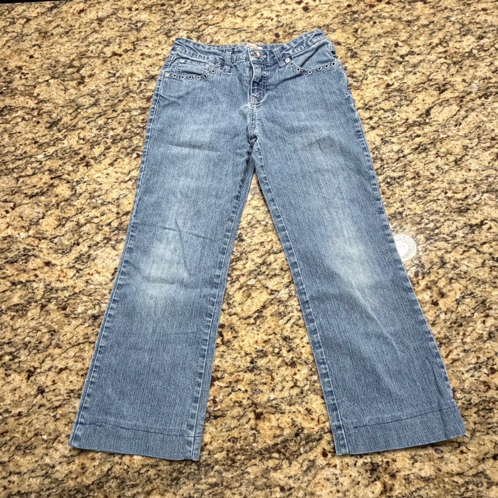 Vintage Faded Glory Girls 10 Blue Jeans Stretch Flare Grommet Pink Stitch Medium